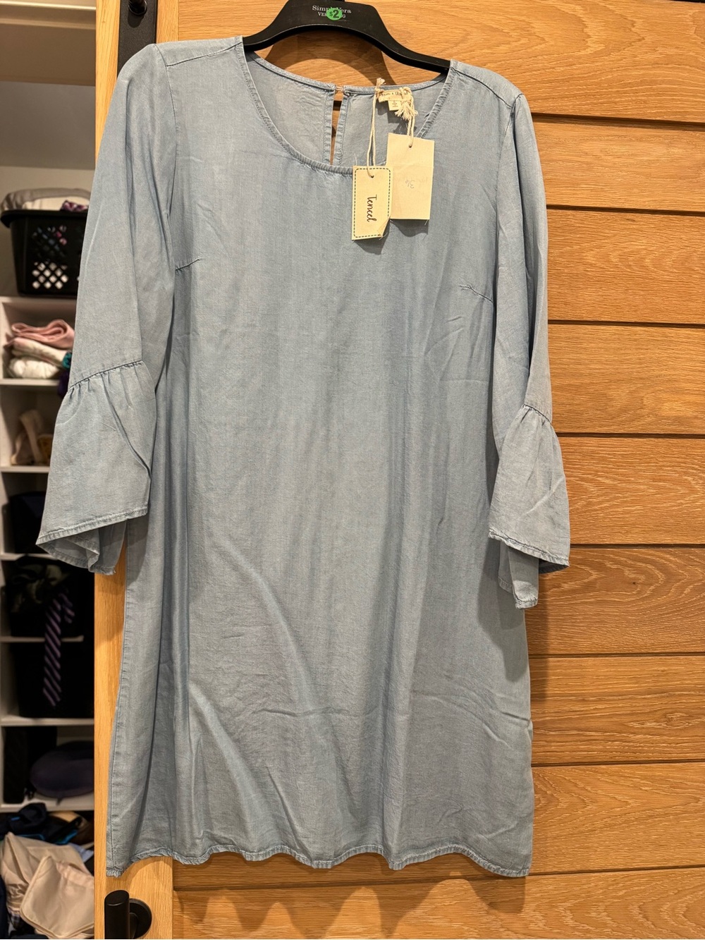Hem & Thread Light Blue Chambray Shift Dress with Bell Sleeves